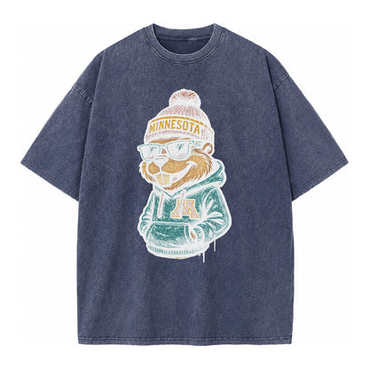 Minneapolis Gopher wearing Minnesota beanie with M patch - Vintage T-shirt – Blue