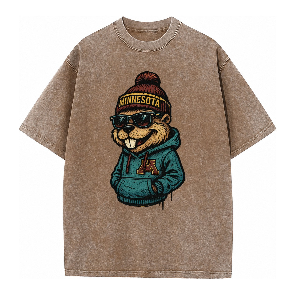 Minneapolis Gopher wearing Minnesota beanie with M patch - Vintage T-shirt – Brown