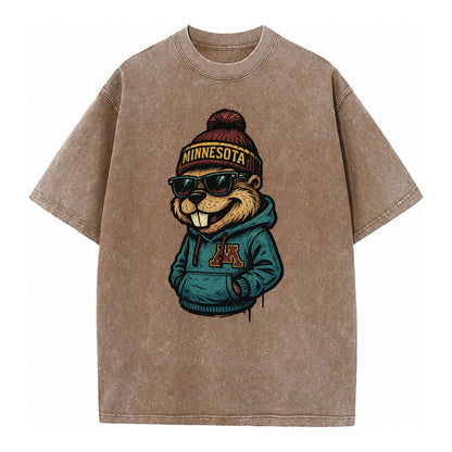 Minneapolis Gopher wearing Minnesota beanie with M patch - Vintage T-shirt – Brown