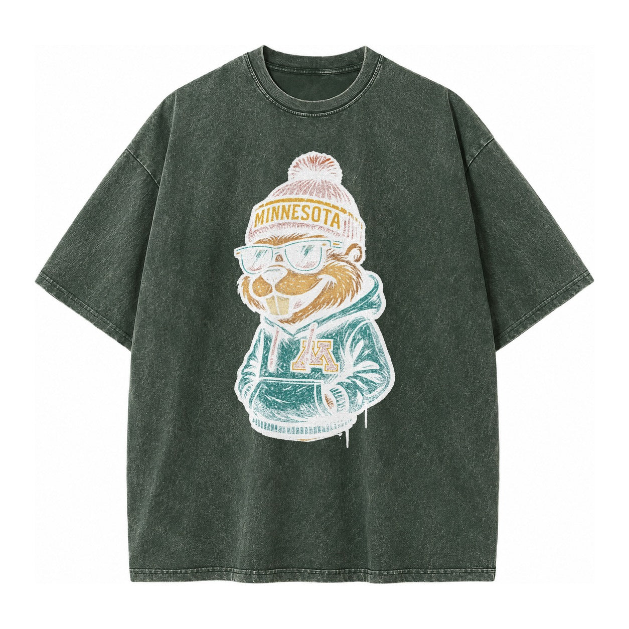 Minneapolis Gopher wearing Minnesota beanie with M patch - Vintage T-shirt – Forest Mist(Green)