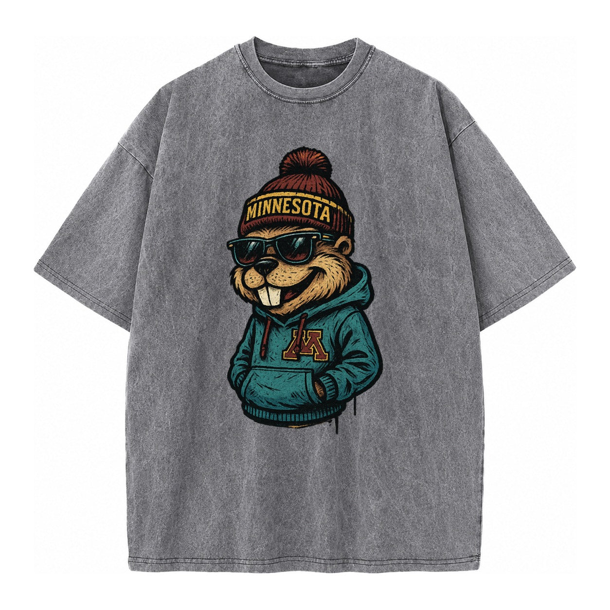 Minneapolis Gopher wearing Minnesota beanie with M patch - Vintage T-shirt – Grey