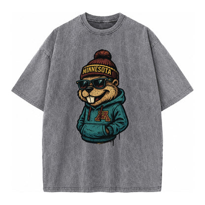 Minneapolis Gopher wearing Minnesota beanie with M patch - Vintage T-shirt – Grey