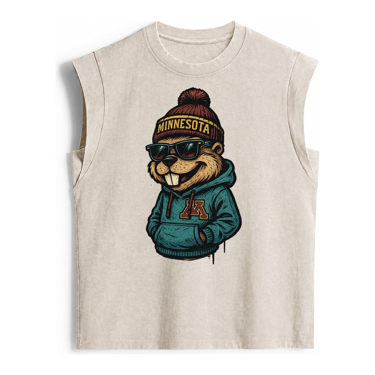 Minneapolis Gopher wearing Minnesota beanie with M patch - Vintage Washed Tank – Beige