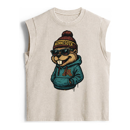 Minneapolis Gopher wearing Minnesota beanie with M patch - Vintage Washed Tank – Beige