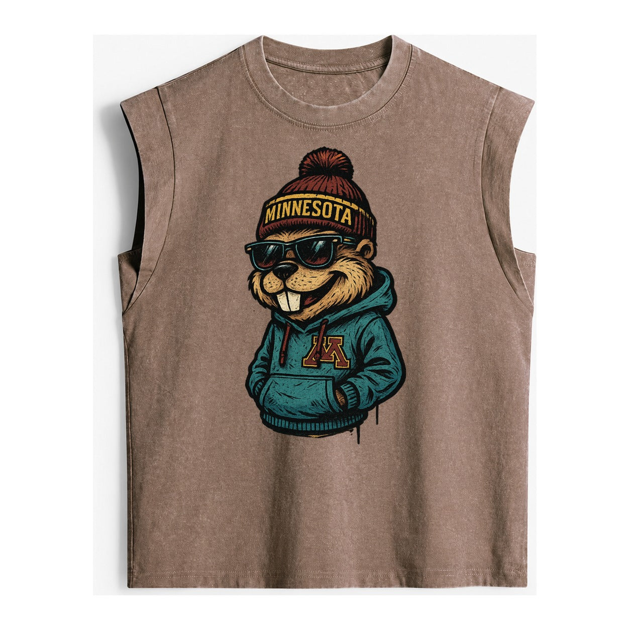 Minneapolis Gopher wearing Minnesota beanie with M patch - Vintage Washed Tank – Brown