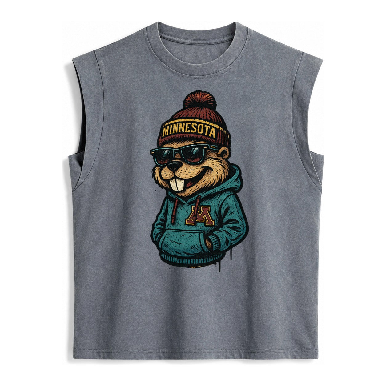 Minneapolis Gopher wearing Minnesota beanie with M patch - Vintage Washed Tank – Grey