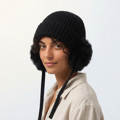 Fleece-Lined Earflap Knit Hat with Faux-Fur Trim — model fit photo