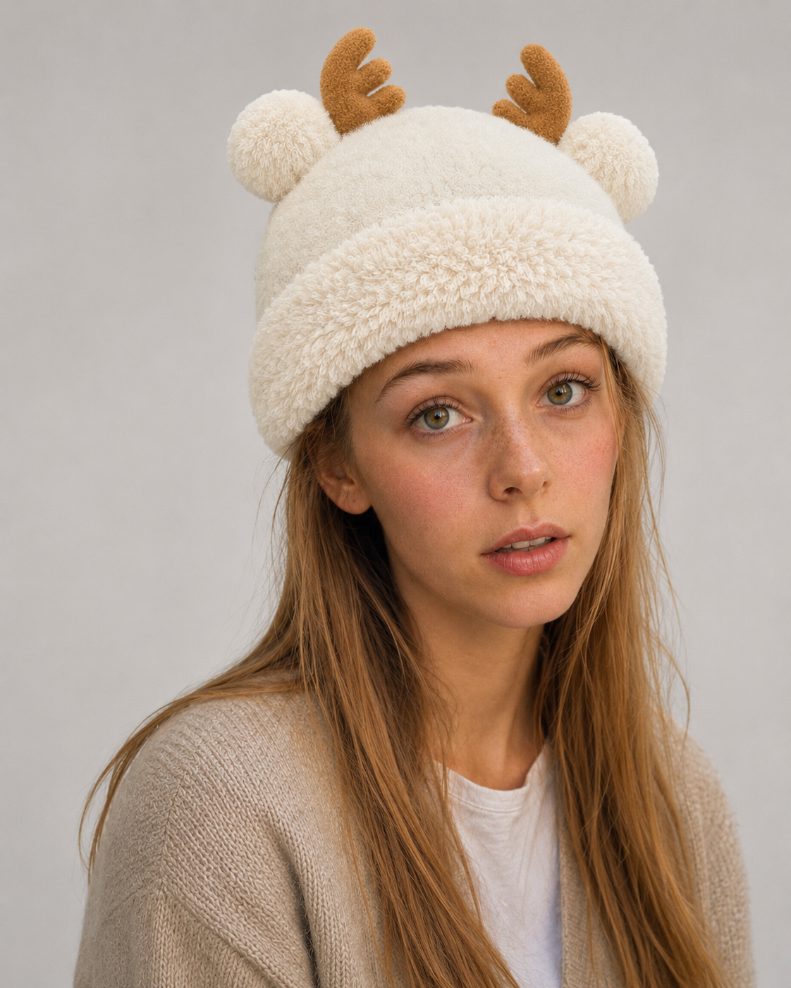 Reindeer Antler Plush Knit Beanie — worn by a model showing the fit
