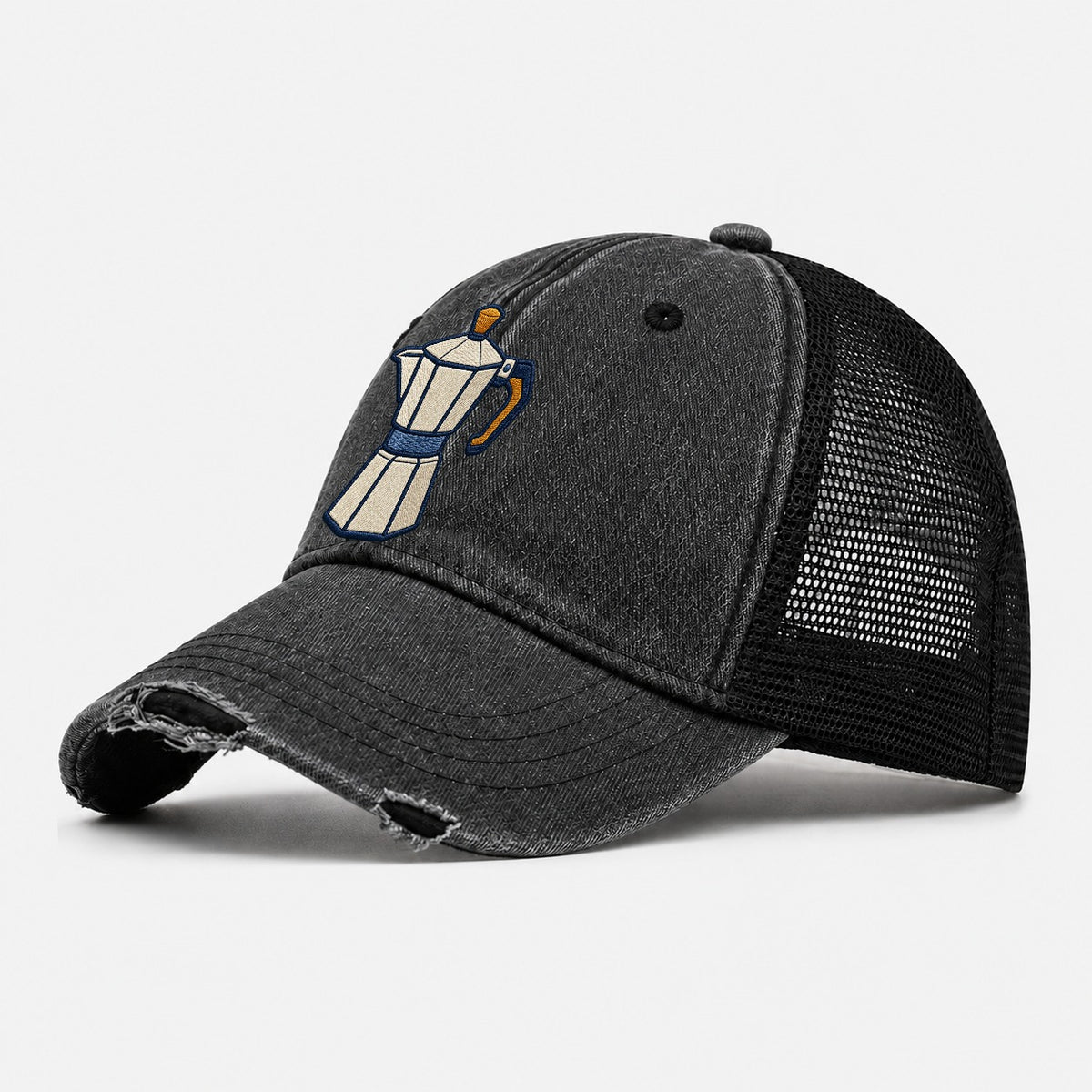 Moka Coffee Pot Tiny Solo Marks Washed Trucker Hat – Black