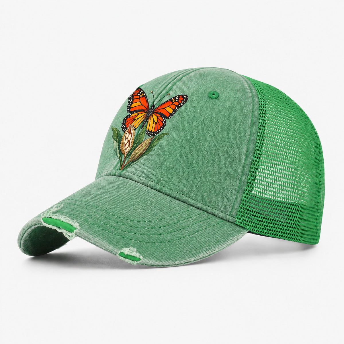 Monarch Butterfly And Milkweed Pods Canada Cultural Icons Washed Trucker Hat – Ink Green