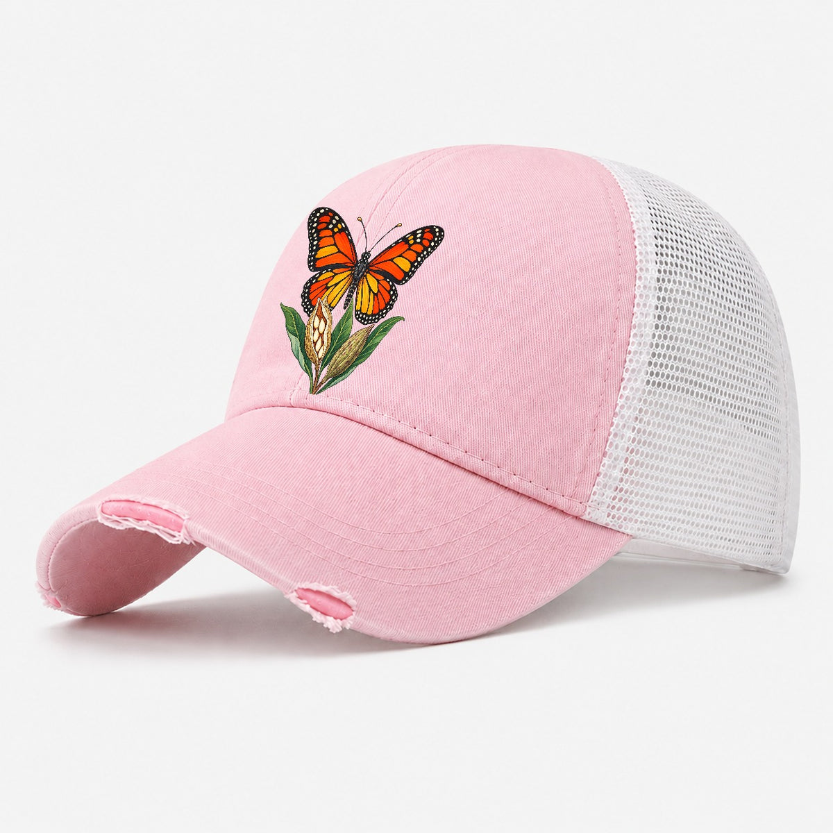 Monarch Butterfly And Milkweed Pods Canada Cultural Icons Washed Trucker Hat – Light Pink