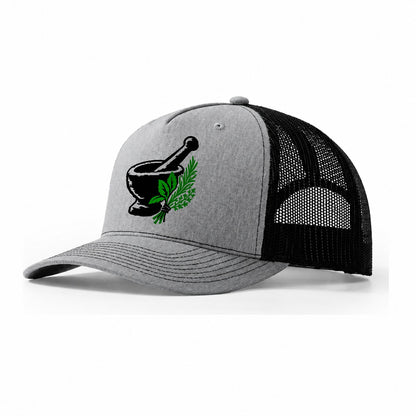 Mortar And Pestle With Herbs Witch Magic Trucker Hat – Sport Grey Black