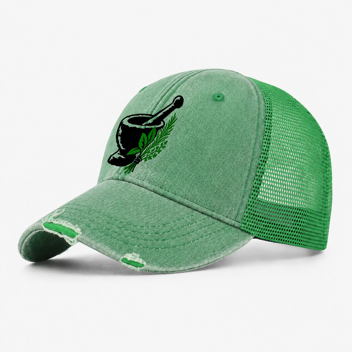Mortar And Pestle With Herbs Witch Magic Washed Trucker Hat – Ink Green
