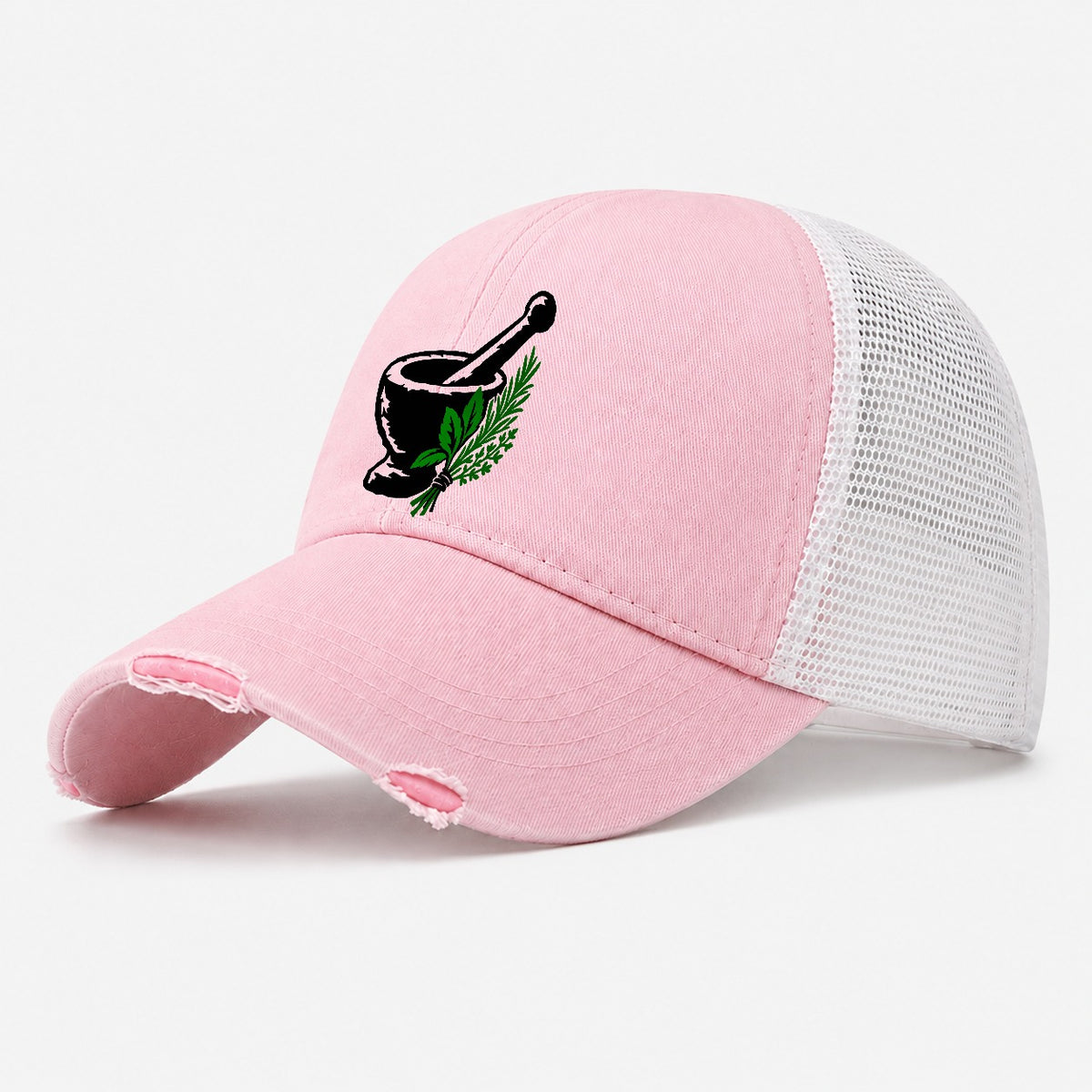 Mortar And Pestle With Herbs Witch Magic Washed Trucker Hat – Light Pink