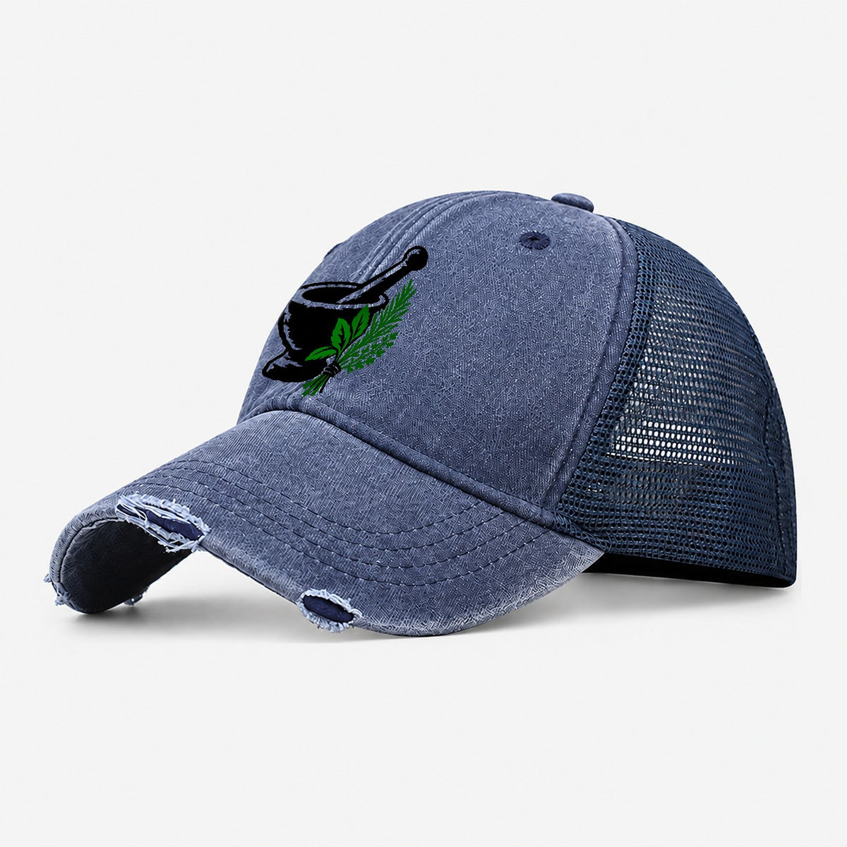 Mortar And Pestle With Herbs Witch Magic Washed Trucker Hat – Navy