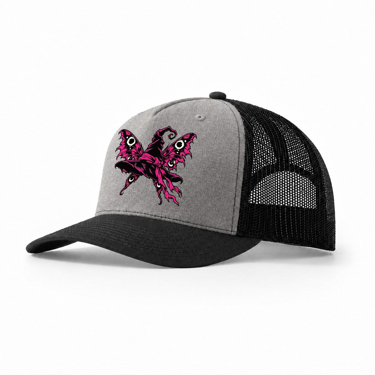 Moth Winged Witch Hat Witch Magic Trucker Hat – Grey Black