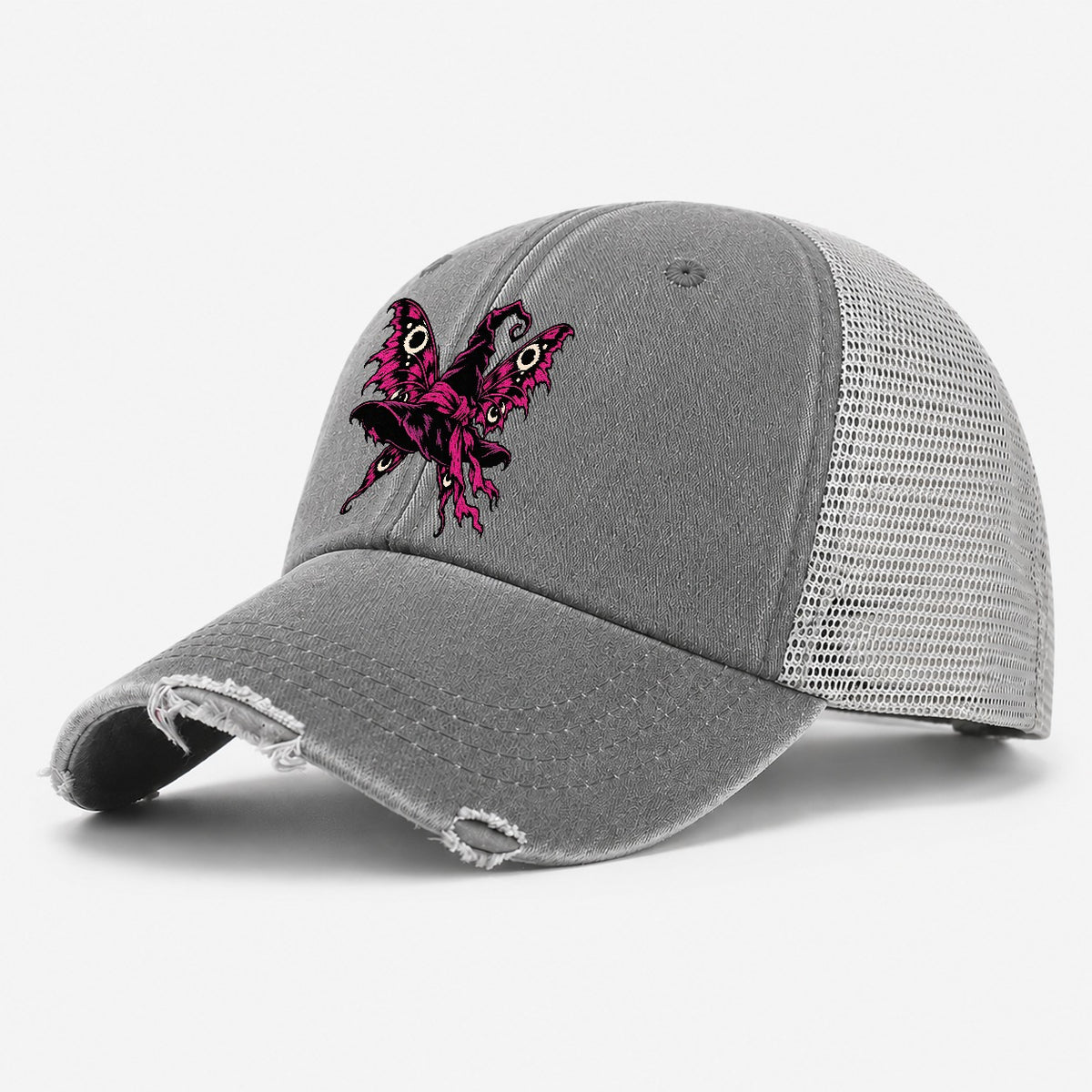 Moth Winged Witch Hat Witch Magic Washed Trucker Hat – Grey