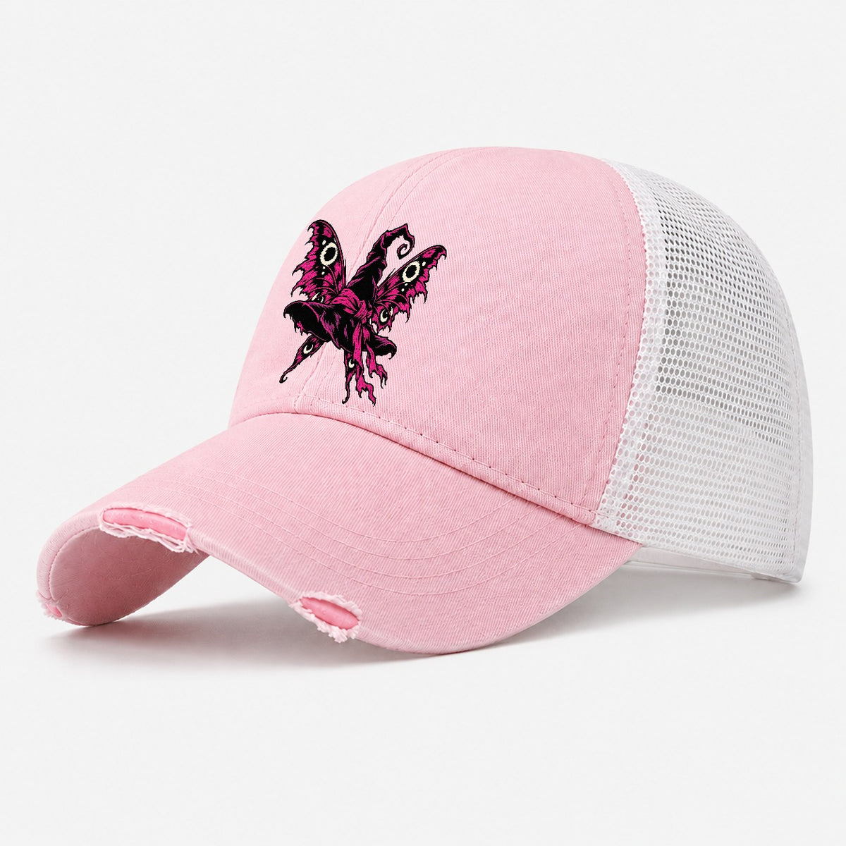Moth Winged Witch Hat Witch Magic Washed Trucker Hat – Light Pink