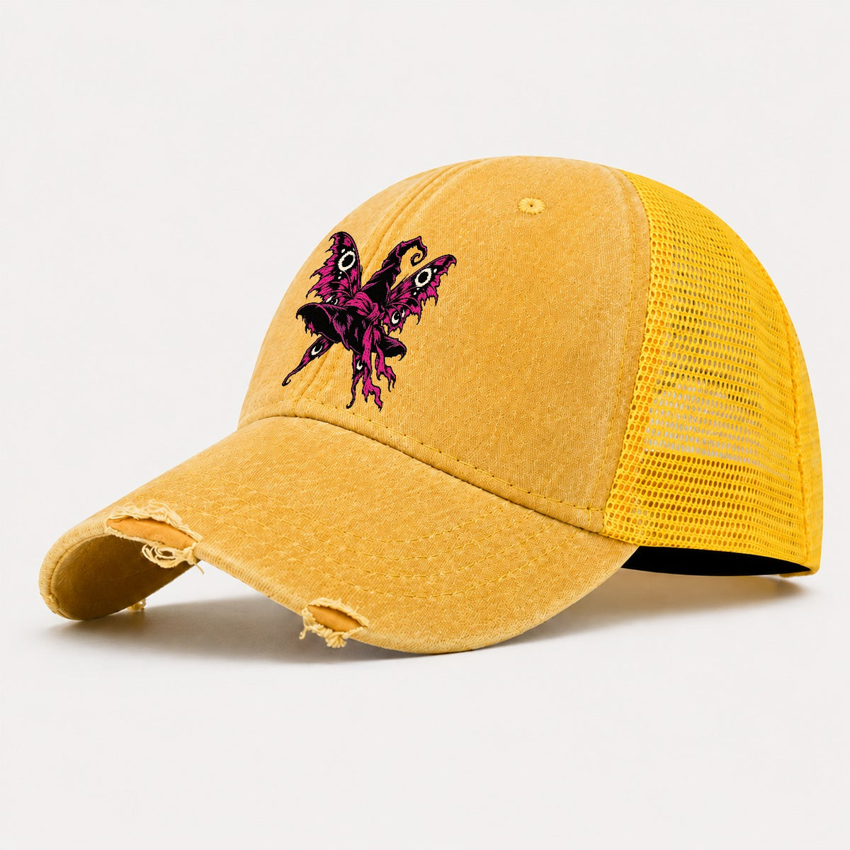 Moth Winged Witch Hat Witch Magic Washed Trucker Hat – Yellow