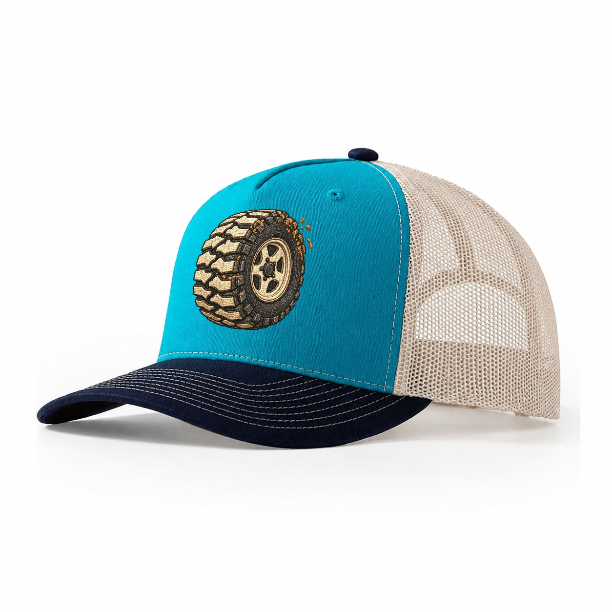 Mud Terrain Tyre Three Quarter Off Roading And Overlanding Trucker Hat – Teal Navy