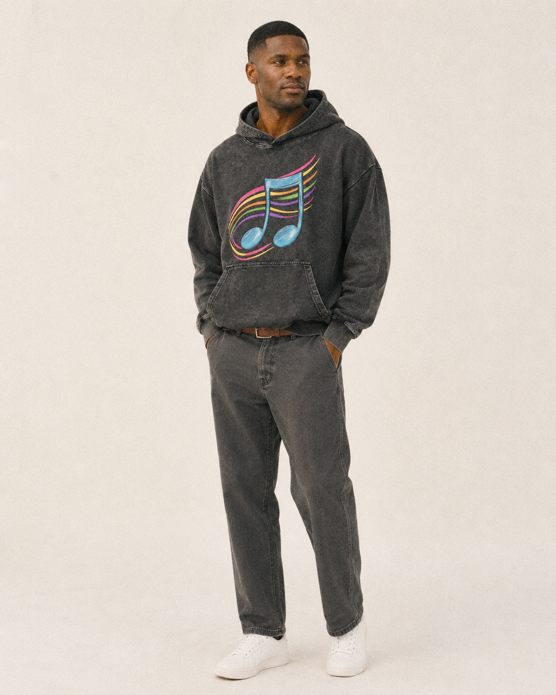 Musical Notes Headwear Vintage Washed Hoodie – studio model photo