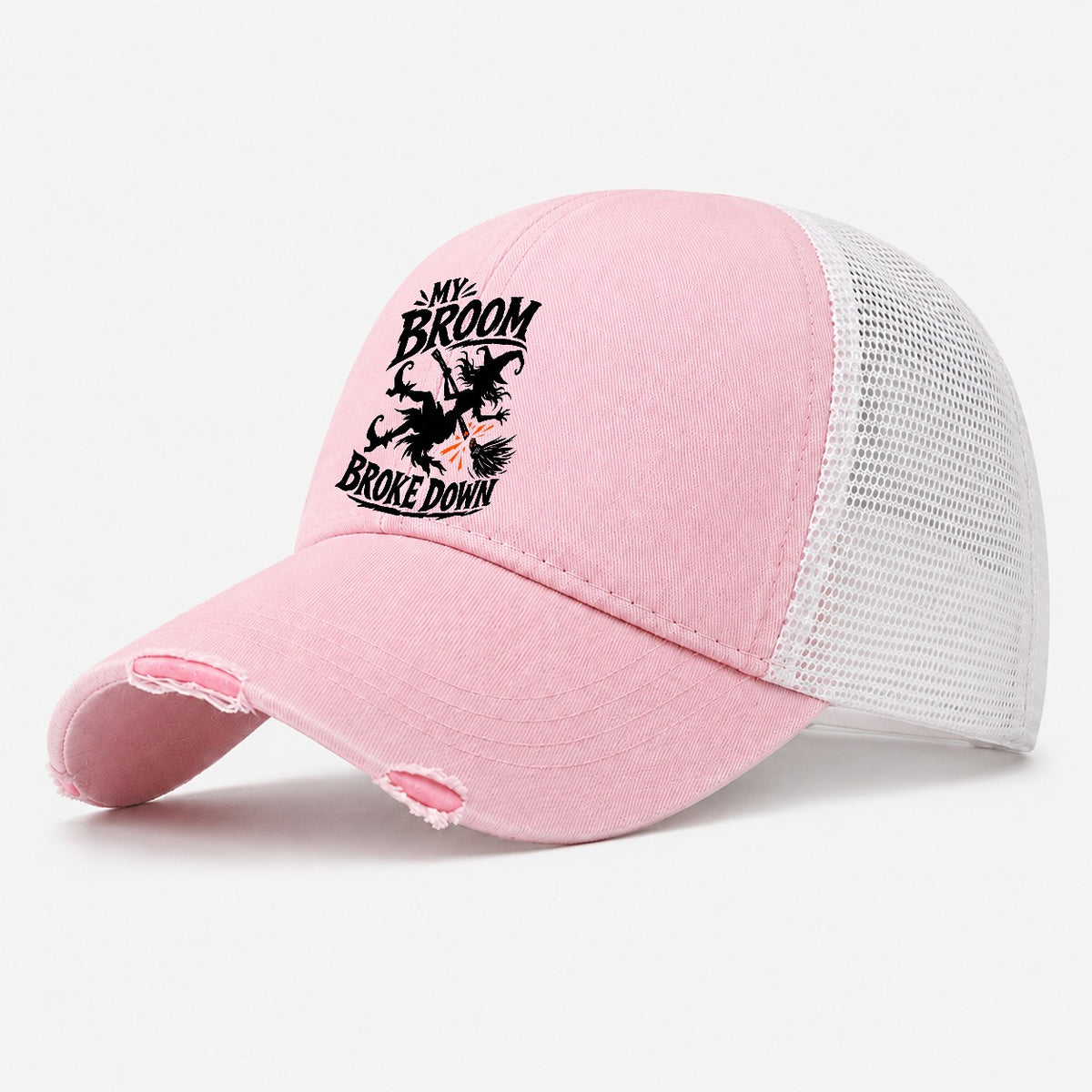 My Broom Broke Down Slogan Witch Magic Washed Trucker Hat – Light Pink