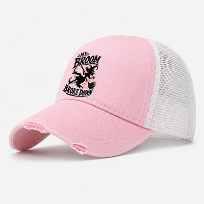 My Broom Broke Down Slogan Witch Magic Washed Trucker Hat – Light Pink