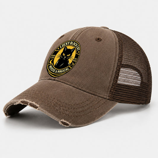 Mystic Feline Emblem Washed Trucker Hat – Coffee