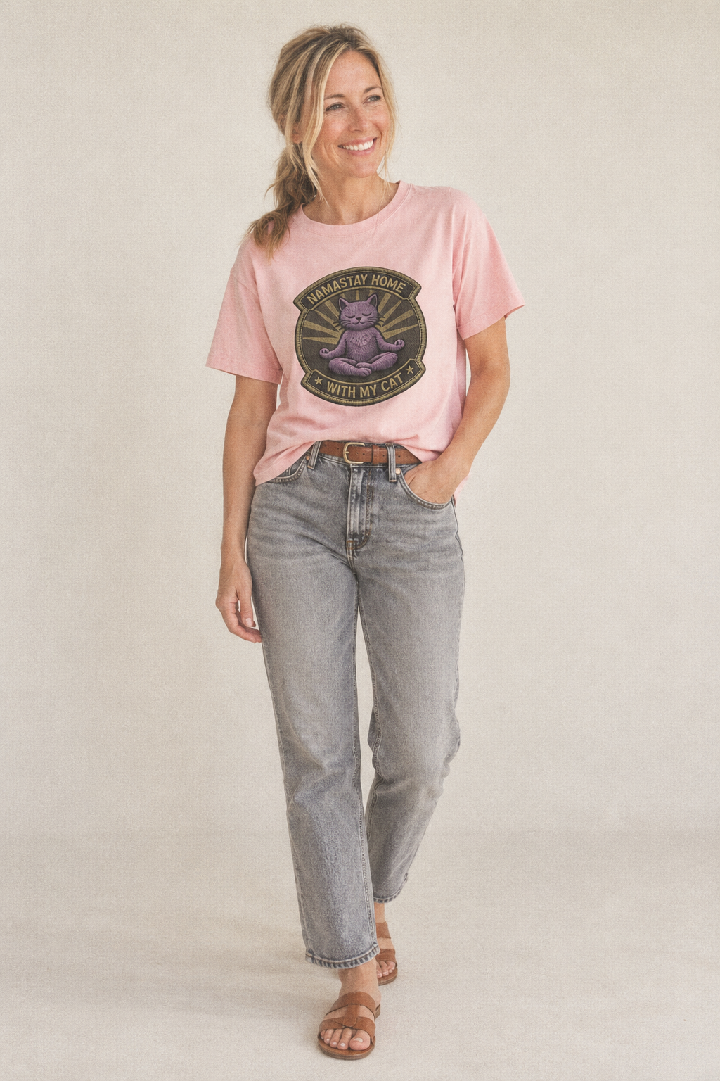 NAMASTAY HOME WITH MY CAT - yoga cat in purple , introvert cat - Classic T-shirt – studio model photo