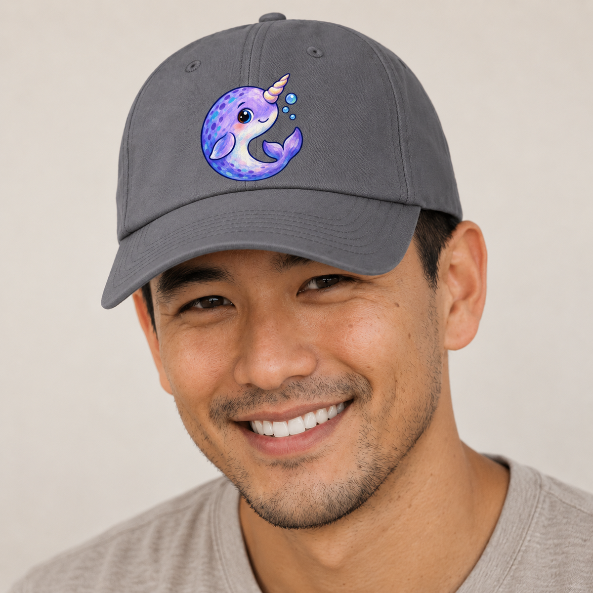 Narwhal Crescent Curl Sea Sprite Baseball Cap — studio model wearing the hat