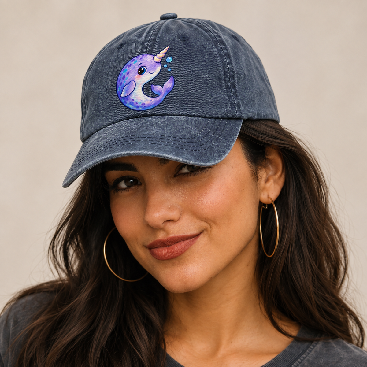 Narwhal Crescent Curl Sea Sprite Classic Cap — studio model wearing the hat