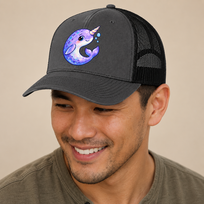 Narwhal Crescent Curl Sea Sprite Trucker Hat — studio model wearing the hat