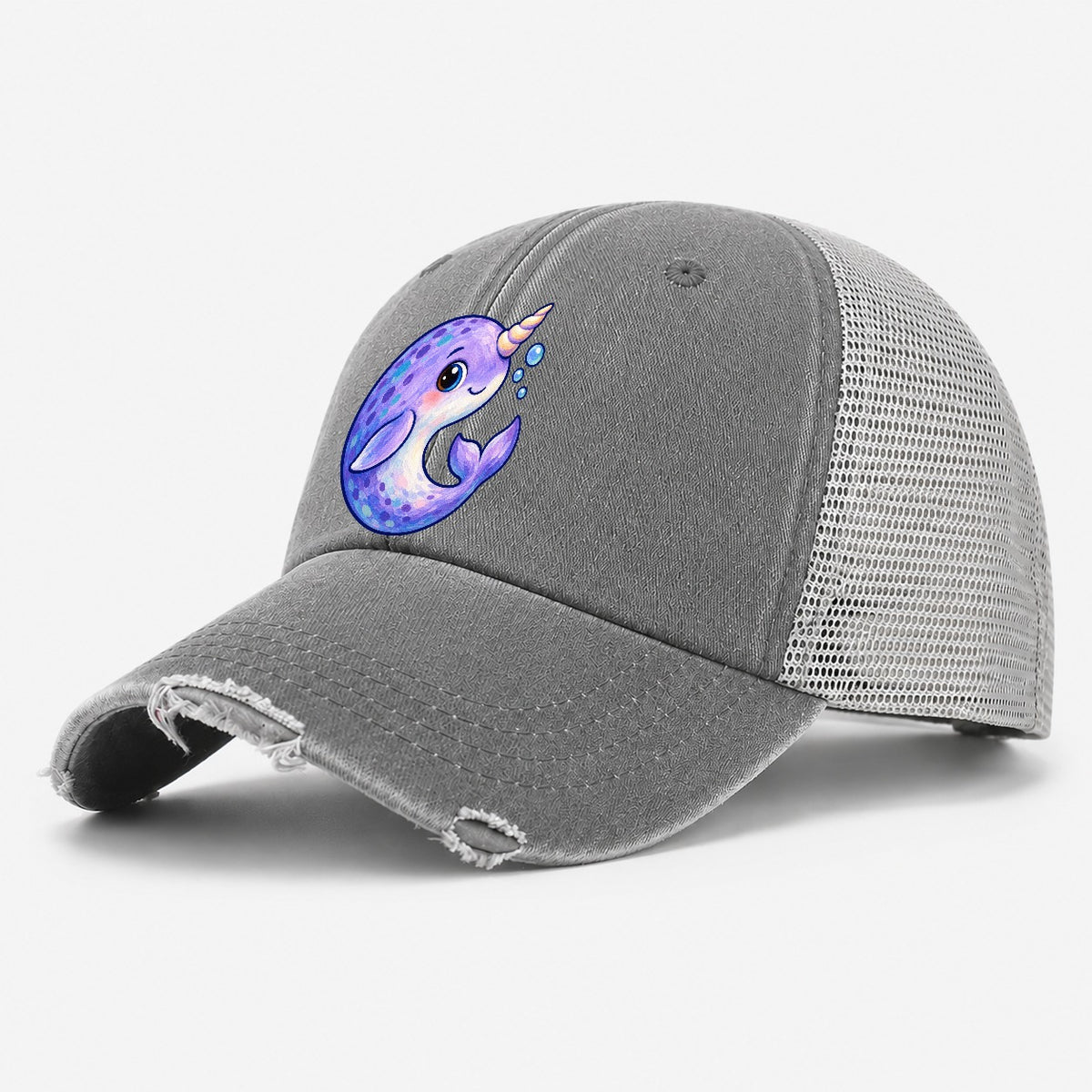 Narwhal Crescent Curl Sea Sprite Washed Trucker Hat – Grey
