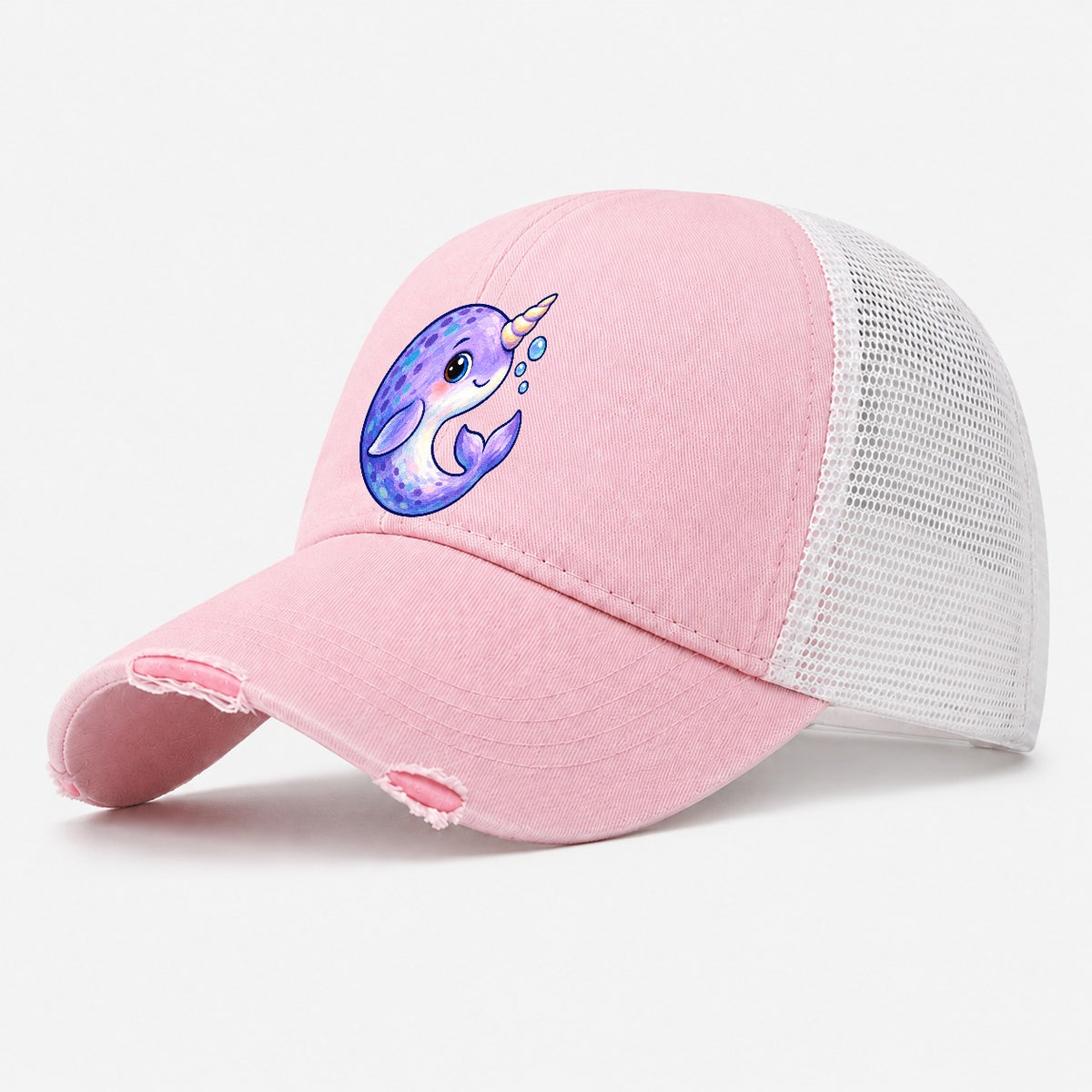 Narwhal Crescent Curl Sea Sprite Washed Trucker Hat – Light Pink