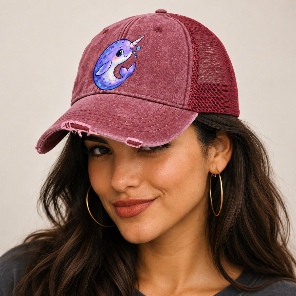 Narwhal Crescent Curl Sea Sprite Washed Trucker Hat — studio model wearing the hat
