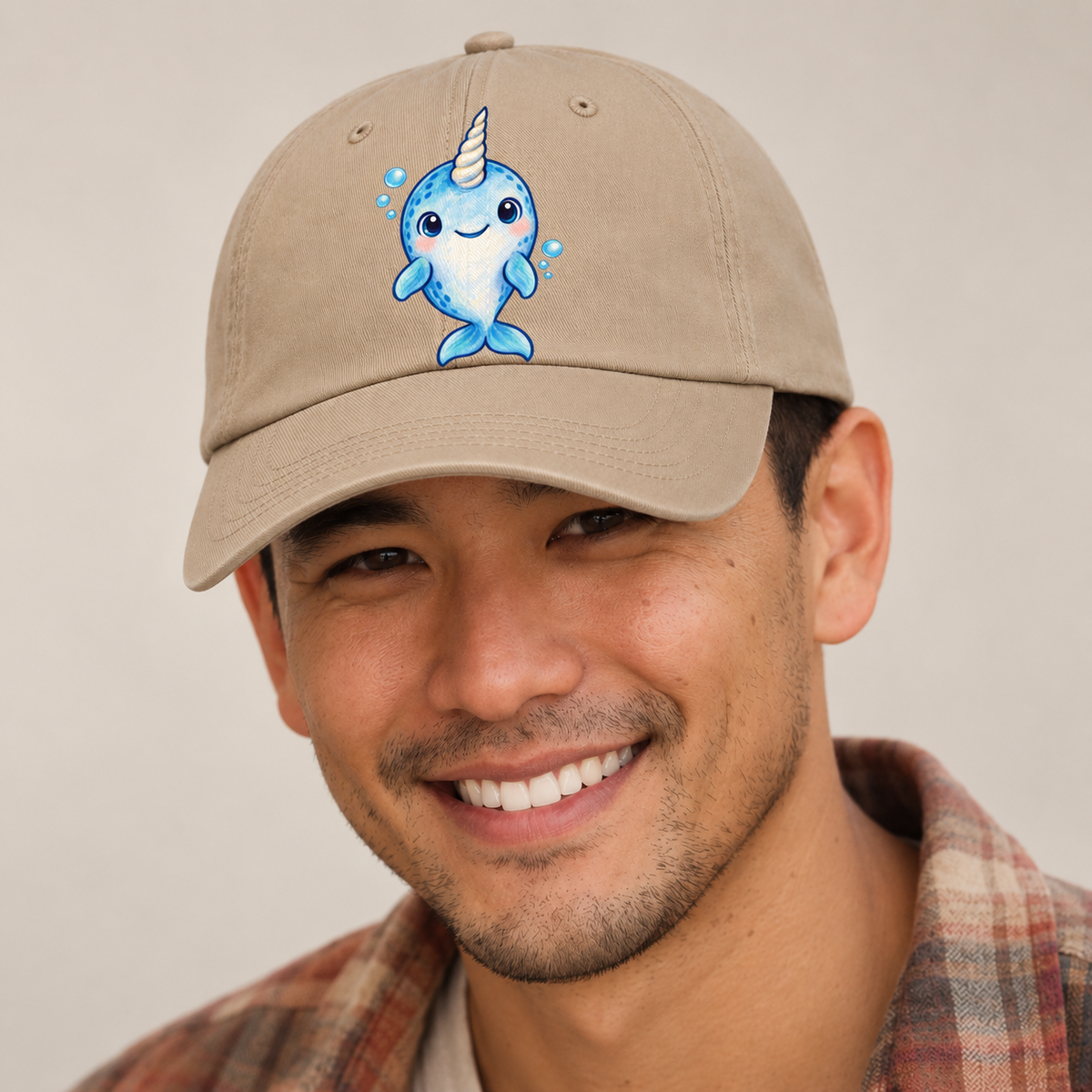 Narwhal Front Tusk Hello Sea Sprite Baseball Cap — studio model wearing the hat