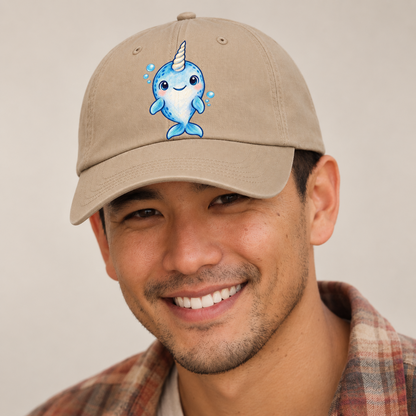 Narwhal Front Tusk Hello Sea Sprite Baseball Cap — studio model wearing the hat