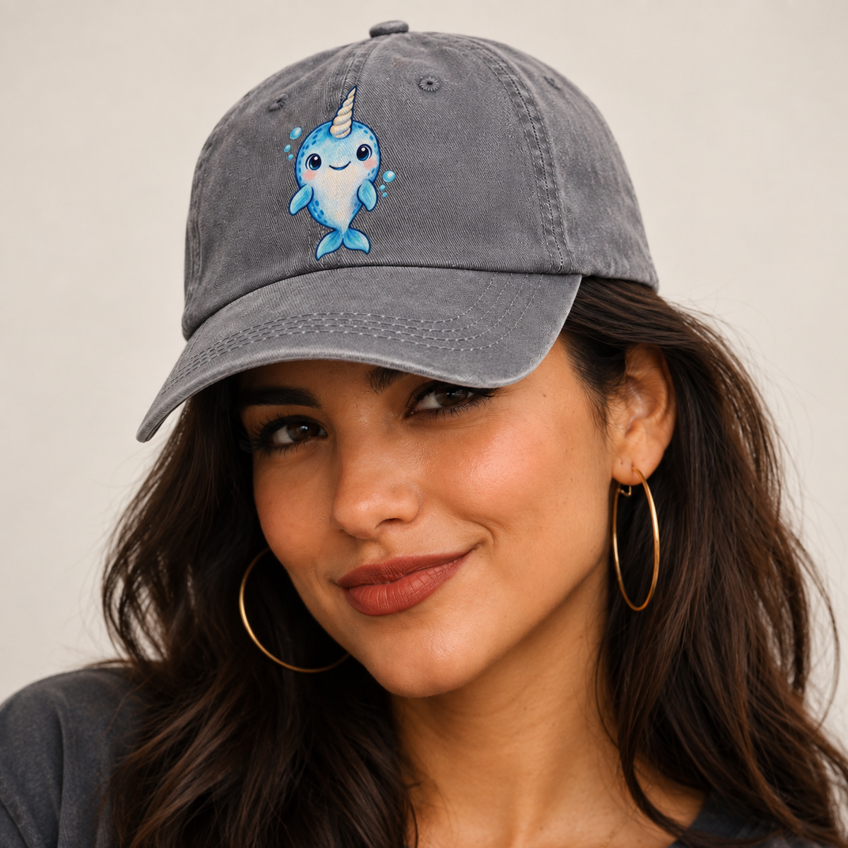 Narwhal Front Tusk Hello Sea Sprite Classic Cap — studio model wearing the hat