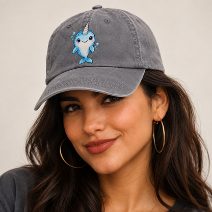 Narwhal Front Tusk Hello Sea Sprite Classic Cap — studio model wearing the hat