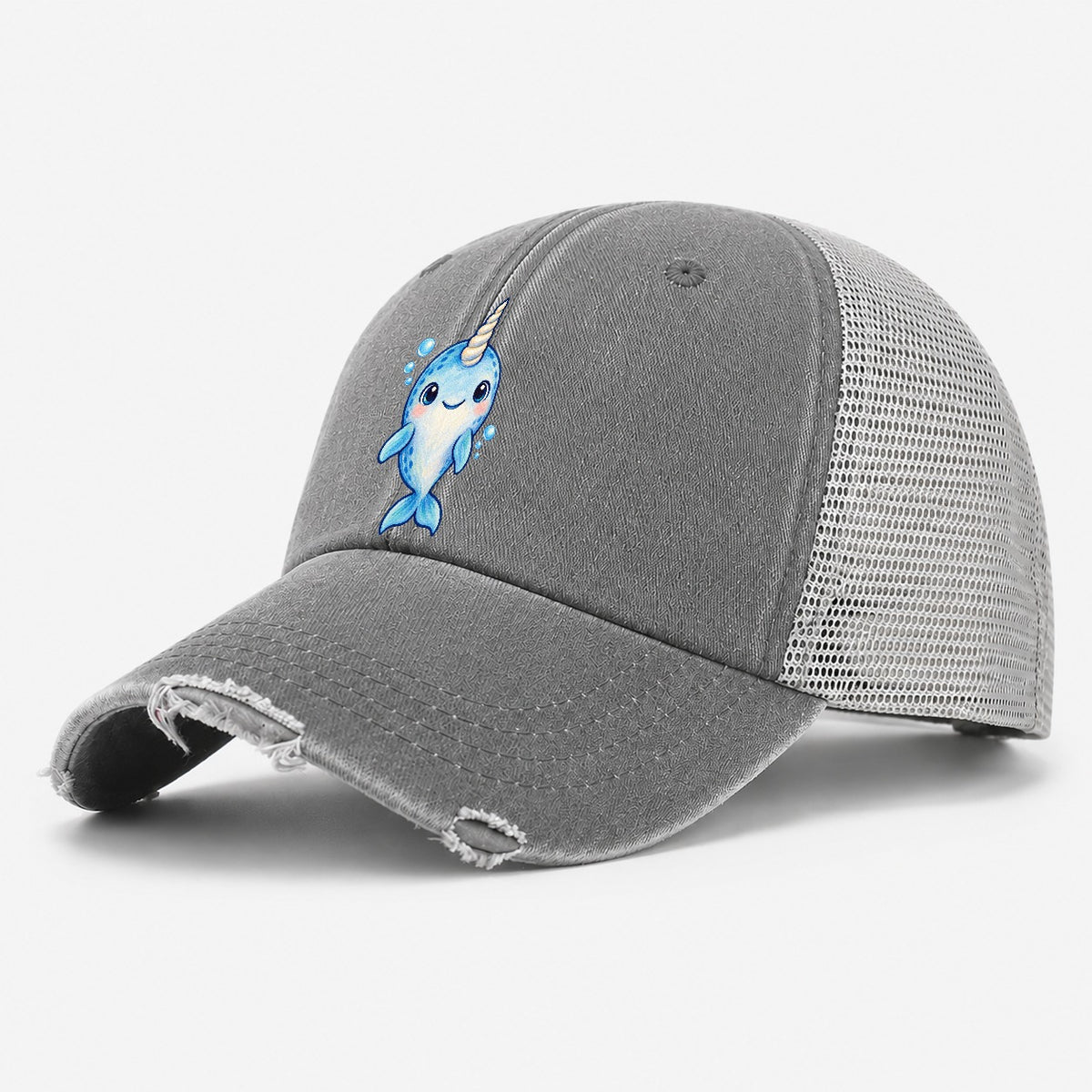 Narwhal Front Tusk Hello Sea Sprite Washed Trucker Hat – Grey