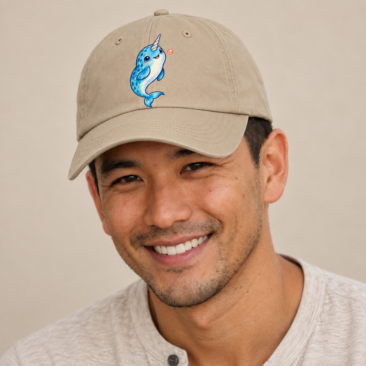 Narwhal Upward Swim Sea Sprite Baseball Cap — studio model wearing the hat