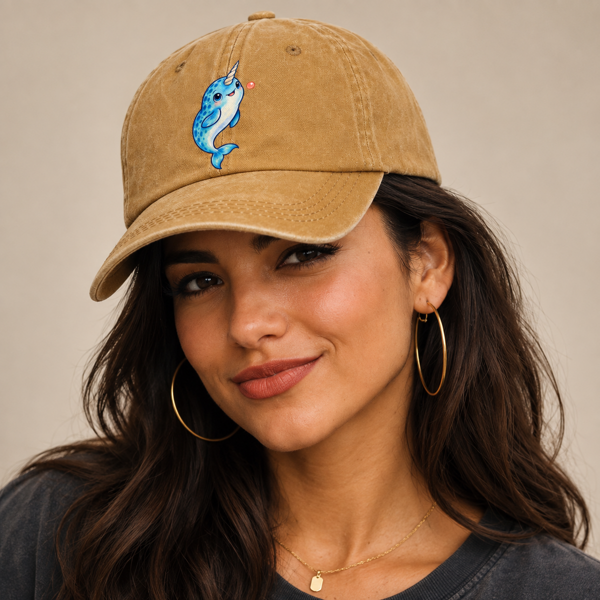 Narwhal Upward Swim Sea Sprite Classic Cap — studio model wearing the hat