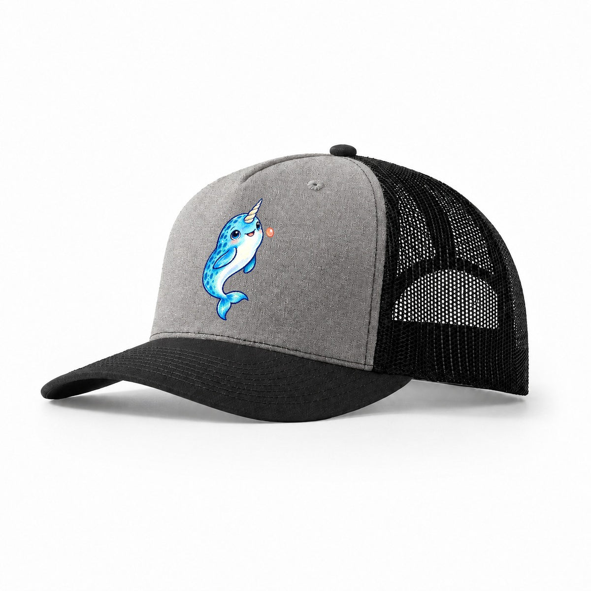 Narwhal Upward Swim Sea Sprite Trucker Hat – Grey Black