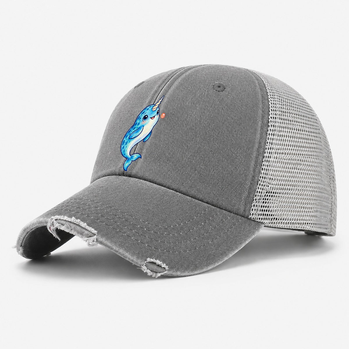 Narwhal Upward Swim Sea Sprite Washed Trucker Hat – Grey
