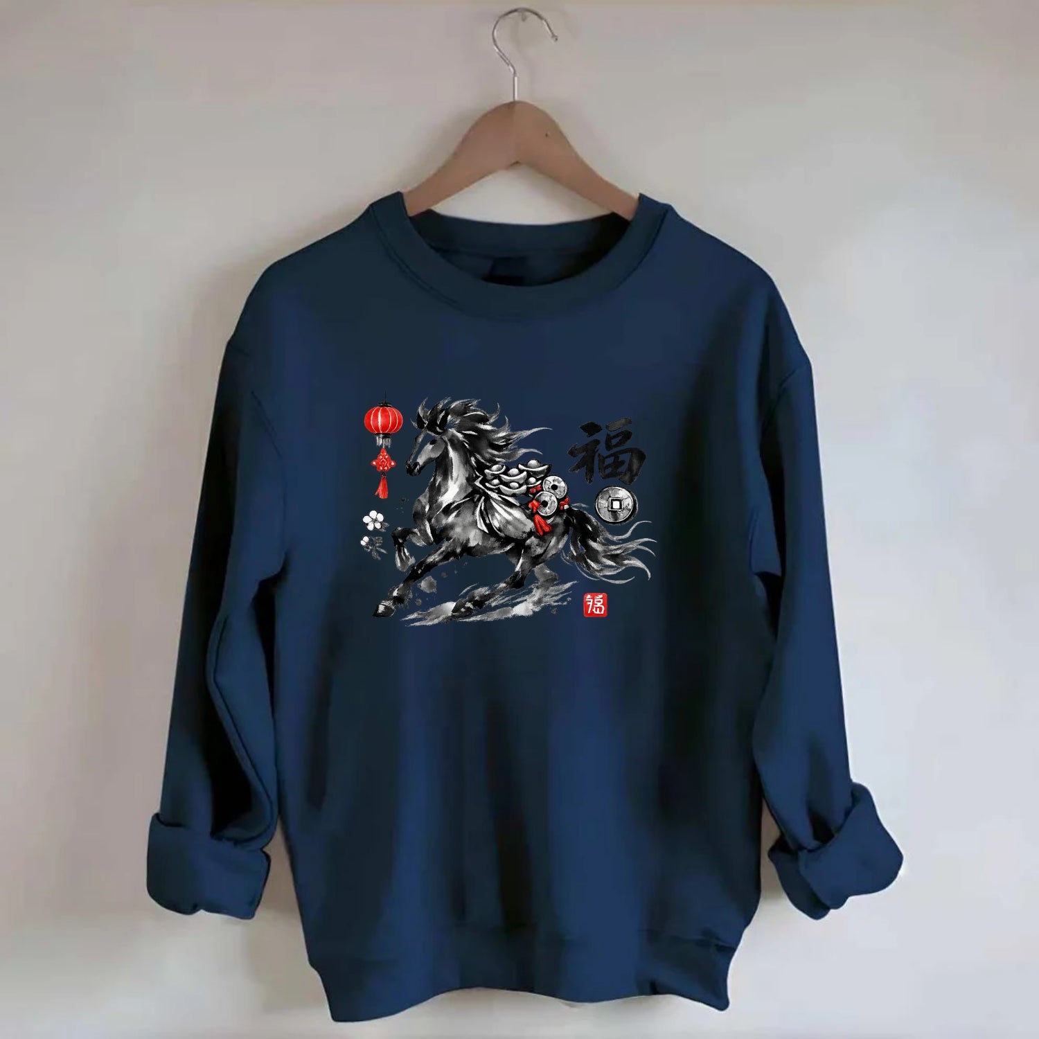 PROSPERITY HORSE | Horse carrying gold ingots and coins | Chinese knot - Crewneck Sweatshirt - navy
