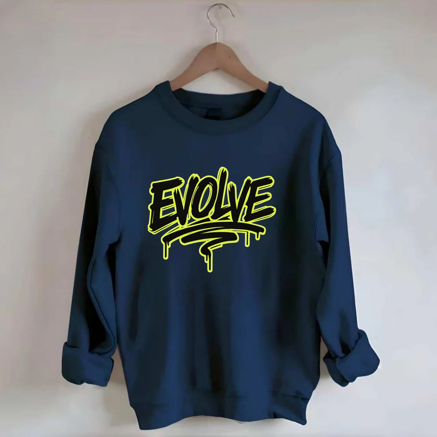 Bold typography design - "EVOLVE" - changing, becoming better - Crewneck Sweatshirt - navy