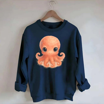 Baby Octopus - red-orange, eight tiny tentacles curled, large intelligent - Crewneck Sweatshirt - navy