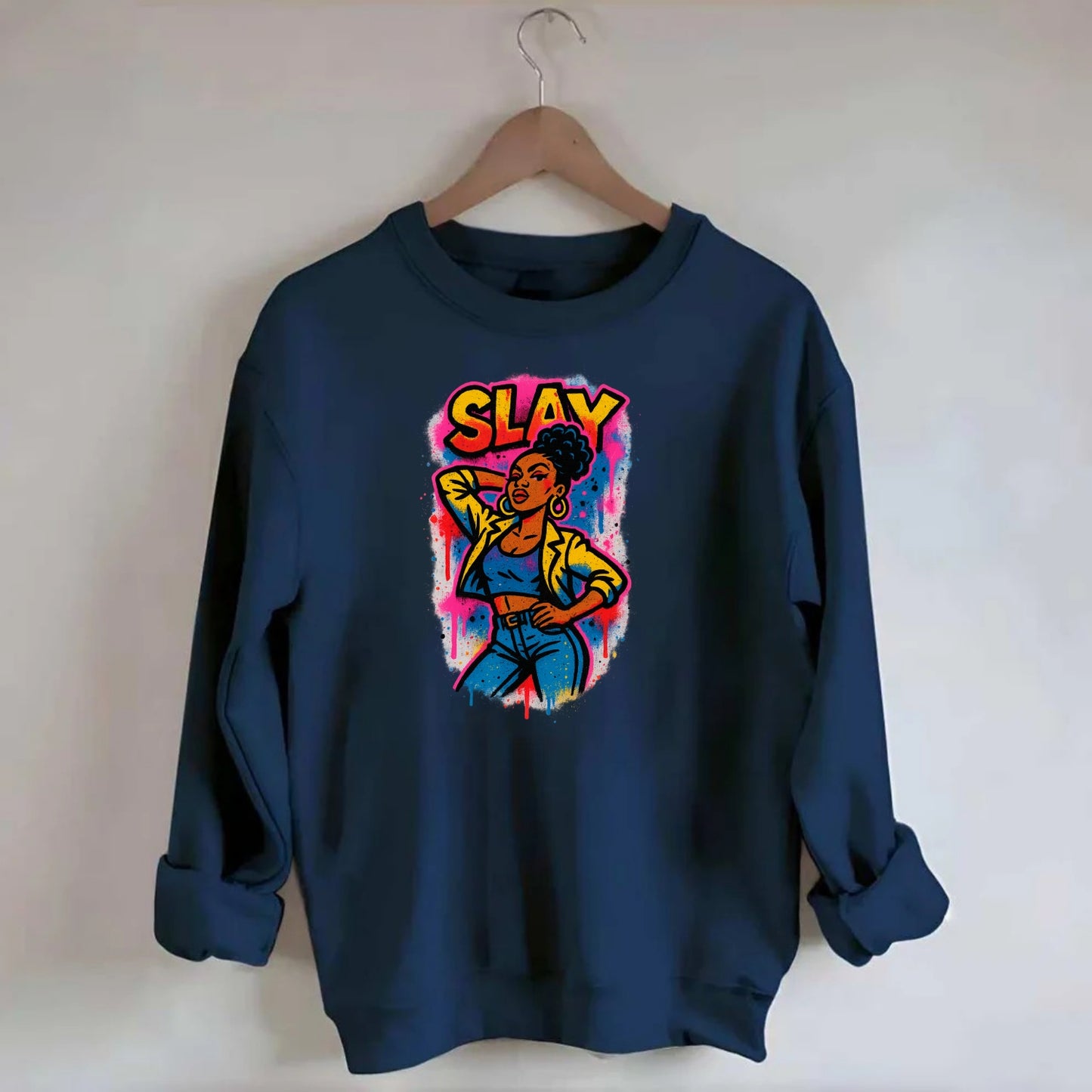 Empowered figure striking confident pose - "slay" culture, fierce and - Crewneck Sweatshirt - navy