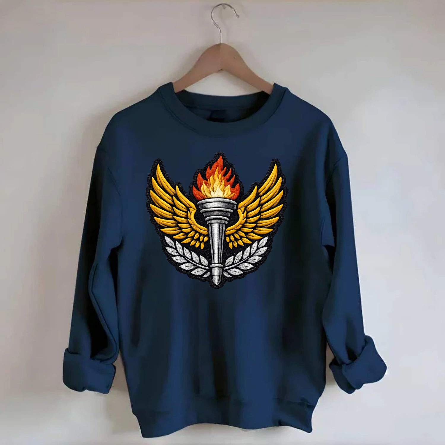 Embroidered patch design - TRACK AND FIELD TORCH - Olympic style torch with - Crewneck Sweatshirt - navy