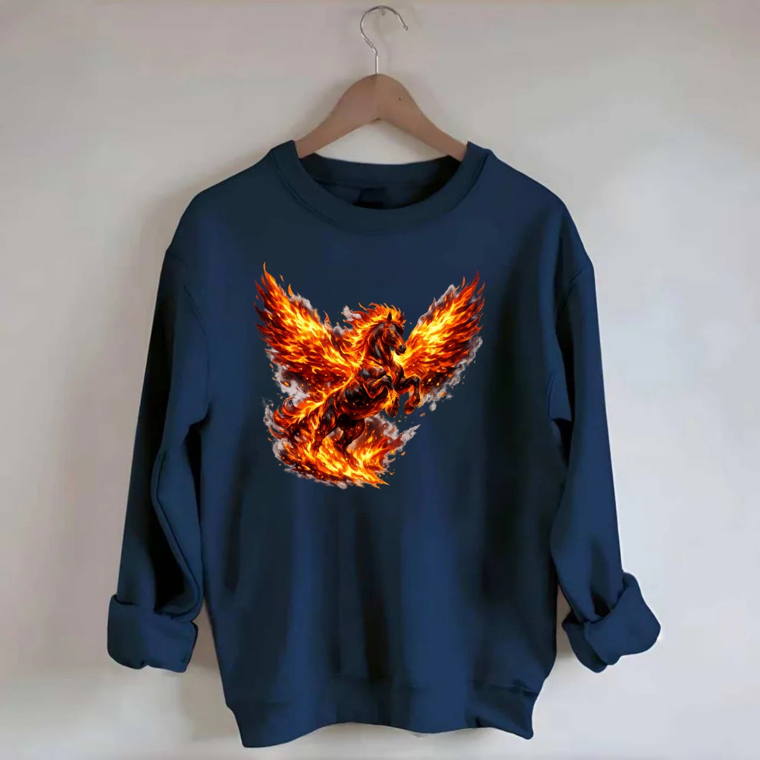 PHOENIX FIRE HORSE | Horse emerging from flames like phoenix | Rebirth - Crewneck Sweatshirt - navy